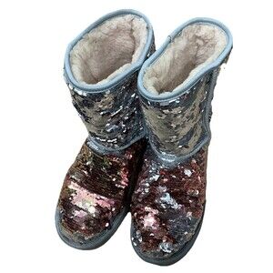 Ugg Women’s Silver and Pink Sequin Boots Size 8